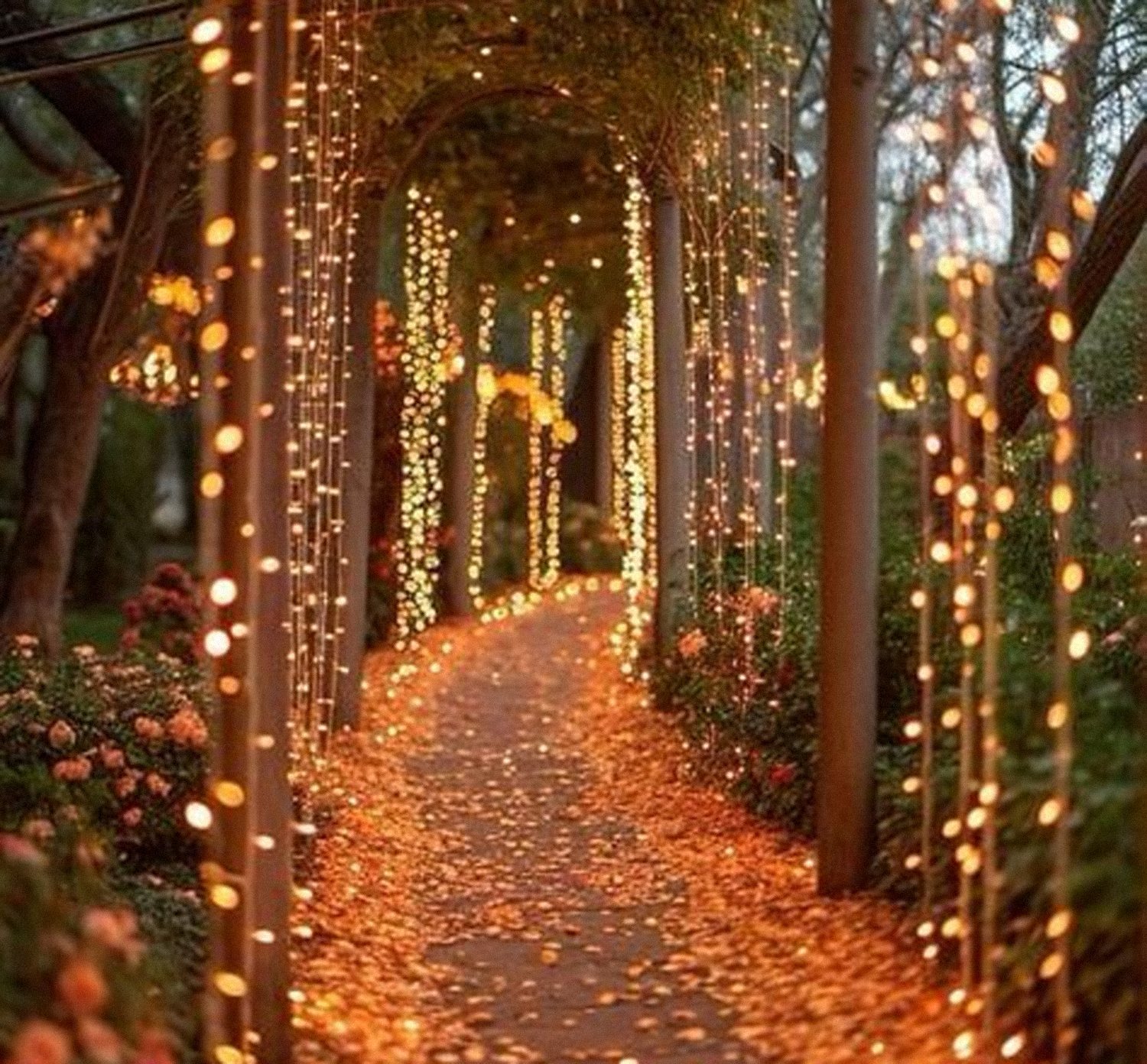 Camino de jardín con luces cálidas y pétalos